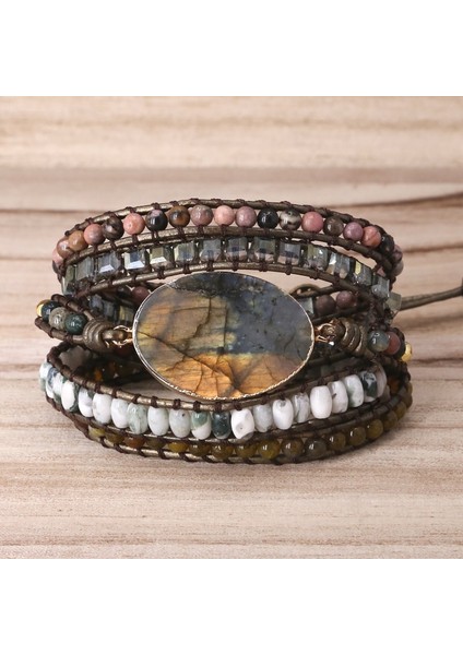 Labradorit Taş Eski Deri Bilezik Mix Taşlar Boncuk Kadınlar 5 Katmanlı Wrap Bilezik Boho El Yapımı Bilezik Takı Hediye (Yurt Dışından)