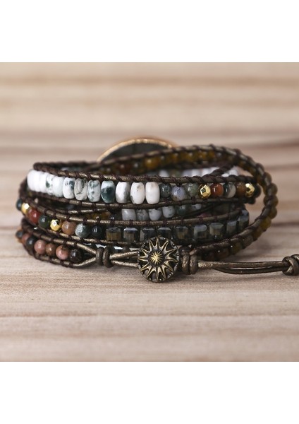 Labradorit Taş Eski Deri Bilezik Mix Taşlar Boncuk Kadınlar 5 Katmanlı Wrap Bilezik Boho El Yapımı Bilezik Takı Hediye (Yurt Dışından) fiyatları