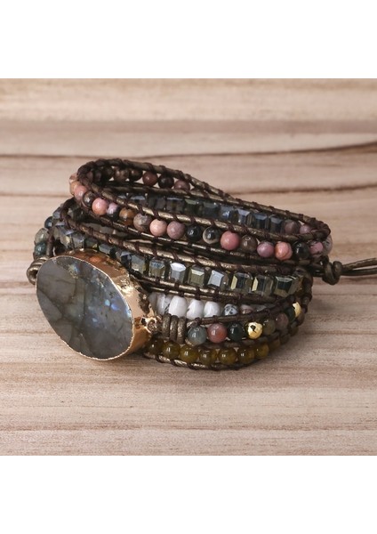 Labradorit Taş Eski Deri Bilezik Mix Taşlar Boncuk Kadınlar 5 Katmanlı Wrap Bilezik Boho El Yapımı Bilezik Takı Hediye (Yurt Dışından) modelleri