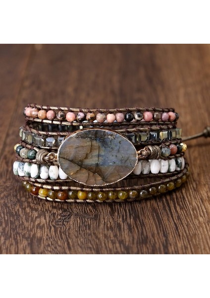 Labradorit Taş Eski Deri Bilezik Mix Taşlar Boncuk Kadınlar 5 Katmanlı Wrap Bilezik Boho El Yapımı Bilezik Takı Hediye (Yurt Dışından) fırsatları