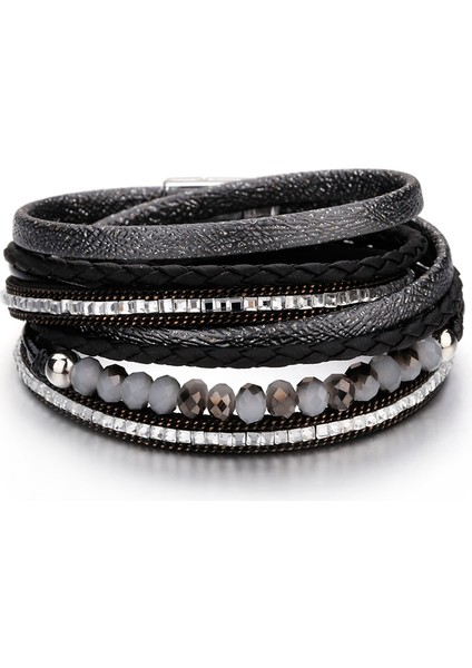Siyah Kristal Amorcome Boho Etnik Uzun Örgülü Çift Wrap Bilezikler Yapay Elmas Kristal Boncuklar Kadın Deri Katmanlı Bilezik Parti Mücevheri (Yurt Dışından)