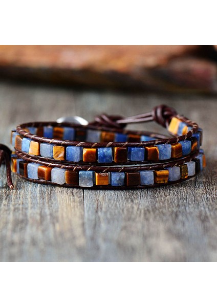 Güzel Kadın Deri Bilezikler High End Mix Doğal Taşlar 2 Telli Wrap Bilezikler Vintage Dokuma Boncuk Bileklik (Yurt Dışından)