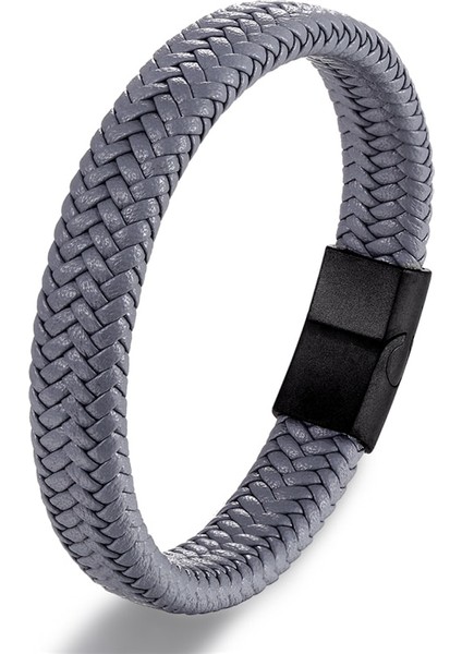 20.5cm Tarzı Gri Klasik Erkek Takı Hakiki Deri Bileklik Titanyum Siyah Halat Çelik Manyetik Toka Bileklik Erkek Takı Hediye Için Bileklik (Yurt Dışından)