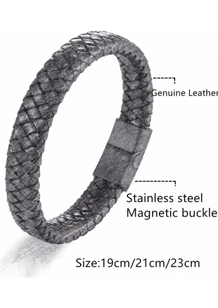 20.5cm Tarzı Gri Klasik Erkek Takı Hakiki Deri Bileklik Titanyum Siyah Halat Çelik Manyetik Toka Bileklik Erkek Takı Hediye Için Bileklik (Yurt Dışından) indirimleri