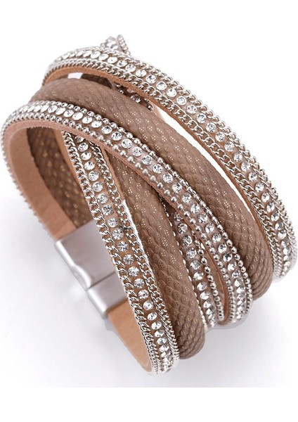 Haki Allyes Deri Bilezik Kadın Takı x Çapraz Mıknatıs Yılan Derisi Desen Rhinestone Wrap Çok Katmanlı Bilezik ve Bilezik Kadın (Yurt Dışından)