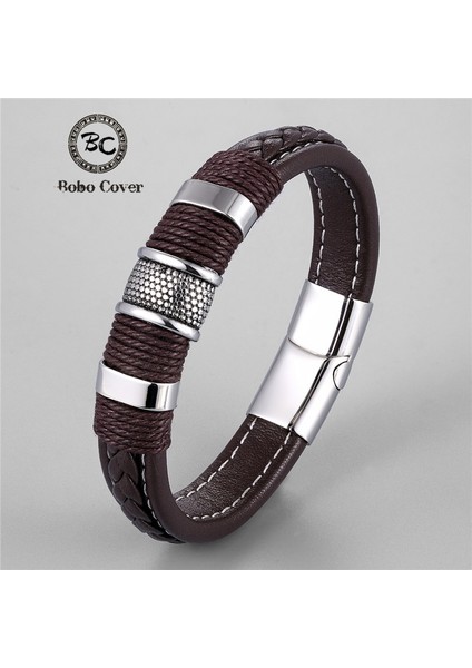 23CM Tarzı Altın Siyah Moda Blackbrown Örgü Halat Hakiki Deri Bilezik Paslanmaz Çelik Wrap Charm Bilezik Erkek Kadın Punk Lüks Takı Homme (Yurt Dışından)