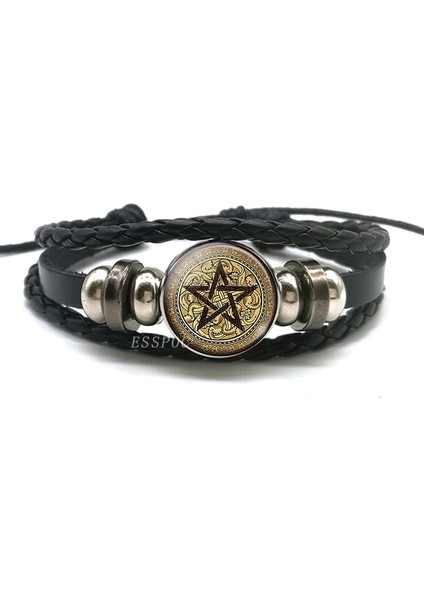 No.13 Boyutu El Dokuması Örgülü Deri Bilezik Gizli Yıldız Pentagram Çok Katmanlı Üçlü Ay Tanrıçası Charm Bilezik Bileklik Pentagram Takı (Yurt Dışından)