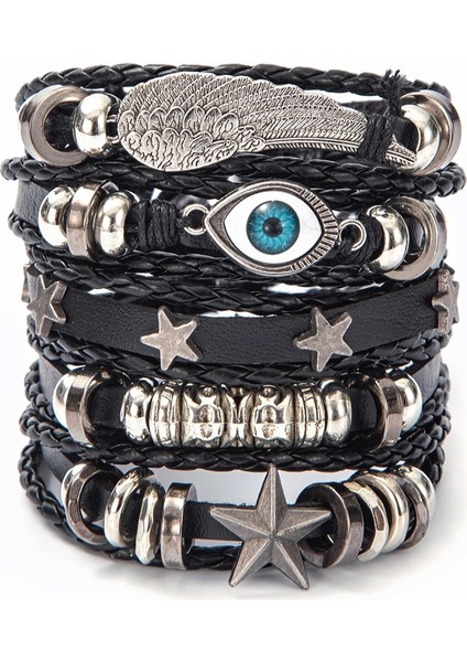 Ayarlanabilir Stil A41 Eif Dock Örgülü Wrap Siyah Gotik Kafatası Deri Erkekler Için Bilezikler Vintage Korsan Yıldız Charm El Yapımı Etnik Tribal Bileklikler (Yurt Dışından)
