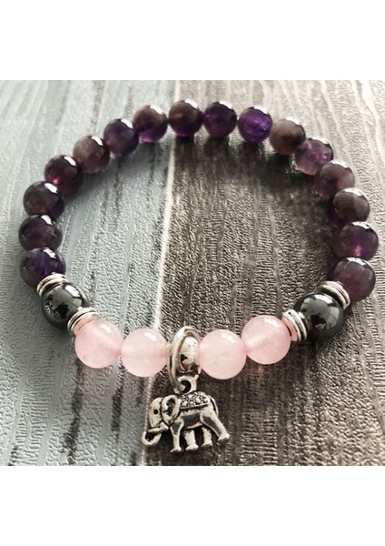 19CM Tarzı Resim Gösterisi Olarak 8 mm Gül Kuvars ve A-Metist Doğal Taş Bileklik Mukavemet Ganesh Yoga Şifa Mala Fil Bileklik Pembe ve Mor Bilek (Yurt Dışından)