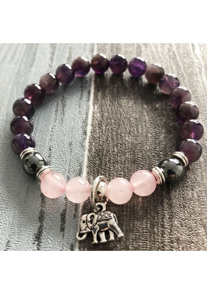 19CM Tarzı Resim Gösterisi Olarak 8 mm Gül Kuvars ve A-Metist Doğal Taş Bileklik Mukavemet Ganesh Yoga Şifa Mala Fil Bileklik Pembe ve Mor Bilek (Yurt Dışından)