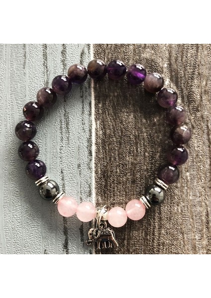 19CM Tarzı Resim Gösterisi Olarak 8 mm Gül Kuvars ve A-Metist Doğal Taş Bileklik Mukavemet Ganesh Yoga Şifa Mala Fil Bileklik Pembe ve Mor Bilek (Yurt Dışından)