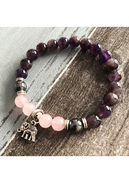 19CM Tarzı Resim Gösterisi Olarak 8 mm Gül Kuvars ve A-Metist Doğal Taş Bileklik Mukavemet Ganesh Yoga Şifa Mala Fil Bileklik Pembe ve Mor Bilek (Yurt Dışından)
