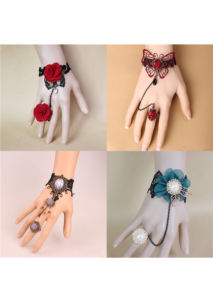 BCCY0598-4 Luokey Vintage Parti Kırmızı Siyah Dantel Wrap Bilezikler Moda Gotik Düğün Çiçekleri Inci Bilezikler Bilezik Kadınlar Için Punk Takı (Yurt Dışından)