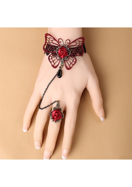 BCCY0598-4 Luokey Vintage Parti Kırmızı Siyah Dantel Wrap Bilezikler Moda Gotik Düğün Çiçekleri Inci Bilezikler Bilezik Kadınlar Için Punk Takı (Yurt Dışından)