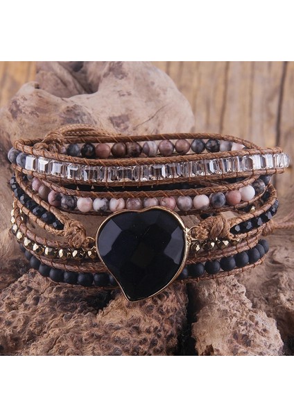 90CM Tarzı Siyah Rh Moda Handma Boho Bilezik Karışık Doğal Taşlar Kalp Charm 5 Strands Wrap Bilezikler Kadınlar Hediye (Yurt Dışından)