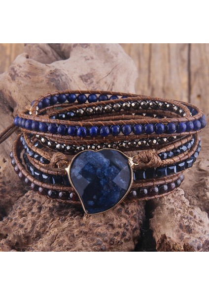 90CM Tarzı Siyah Rh Moda Handma Boho Bilezik Karışık Doğal Taşlar Kalp Charm 5 Strands Wrap Bilezikler Kadınlar Hediye (Yurt Dışından) fırsatları