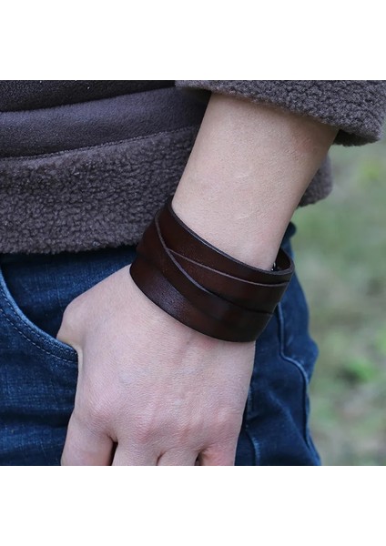 Kahverengi Erkekler Için Yeni Punk Hakiki Deri Bilezik Geniş Vintage Wrap Bilezikler Kadın Erkek Trendy Takı (Yurt Dışından) fiyatları