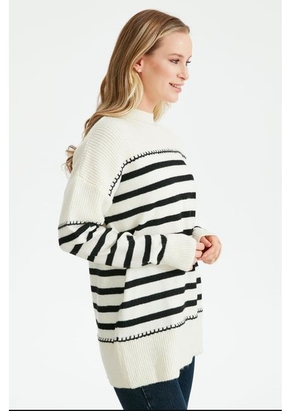 21436 Çizgili Örgü Detaylı Triko Tunik Qks Tunik 21436 #23-123