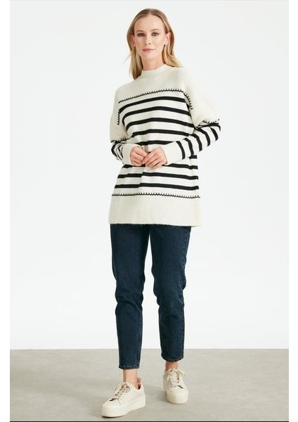 21436 Çizgili Örgü Detaylı Triko Tunik Qks Tunik 21436 #23-123