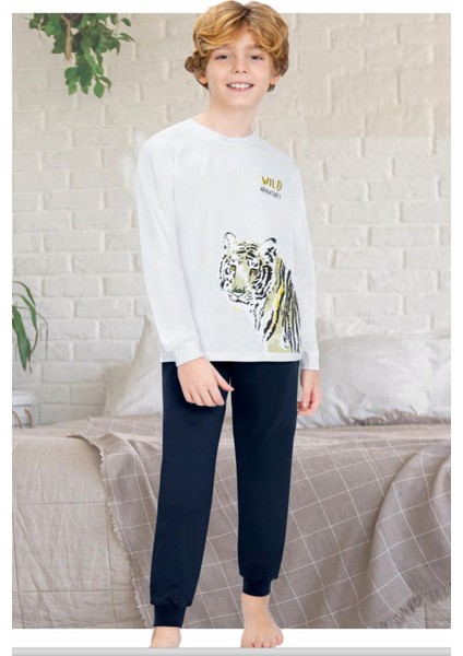 709U Erkek Çocuk Uzun Kollu Pijama Takımı-Beyaz