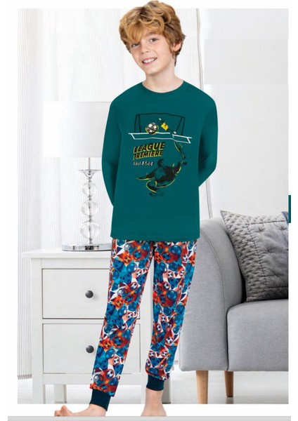 702U Erkek Çocuk Uzun Kollu Pijama Takımı-Yeşil