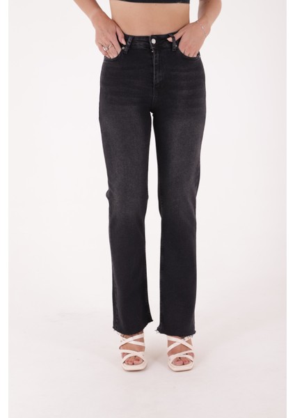 Paçaları Dikişsiz Ve Geniş Paçalı Yüksek Belli Rahat/Relaxed Kadın Kot Pantolon Antrasit Denim Jean