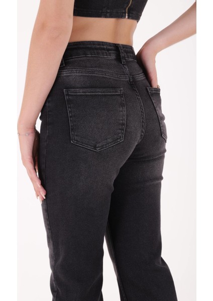 Paçaları Dikişsiz Ve Geniş Paçalı Yüksek Belli Rahat/Relaxed Kadın Kot Pantolon Antrasit Denim Jean