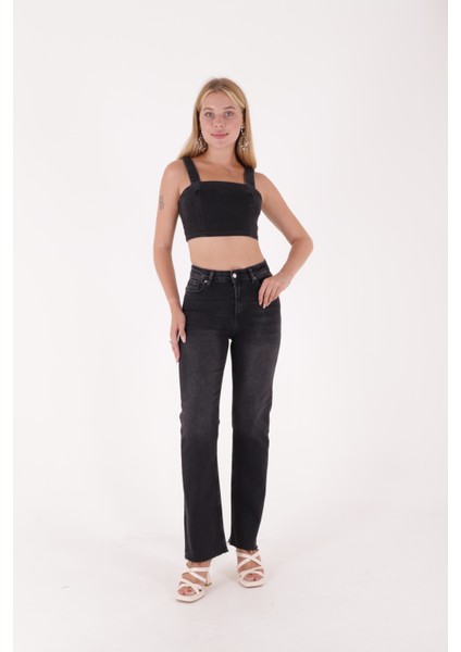 Paçaları Dikişsiz Ve Geniş Paçalı Yüksek Belli Rahat/Relaxed Kadın Kot Pantolon Antrasit Denim Jean