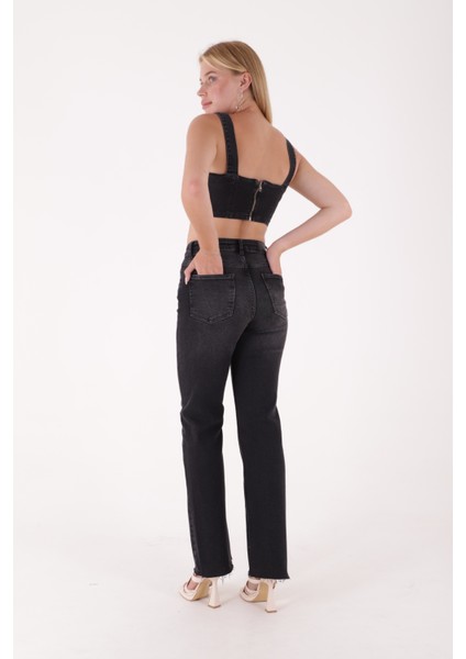 Paçaları Dikişsiz Ve Geniş Paçalı Yüksek Belli Rahat/Relaxed Kadın Kot Pantolon Antrasit Denim Jean