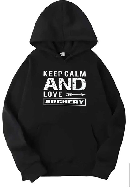 Siyah Keep Calm Baskılı Kapüşonlu Sweatshirt