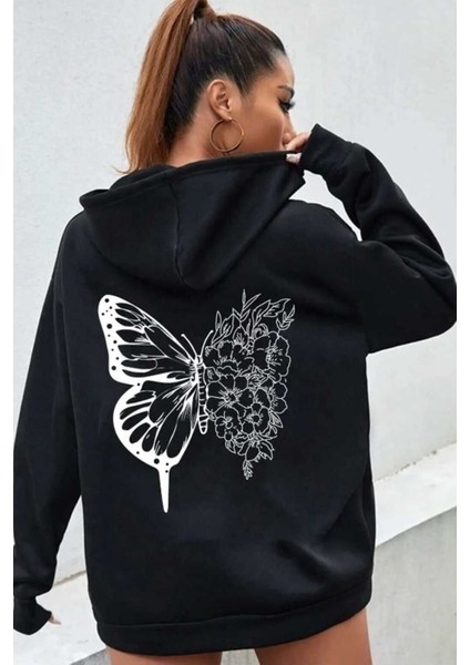 Unisex Siyah Kelebek Baskılı Kapüşonlu Sweatshirt