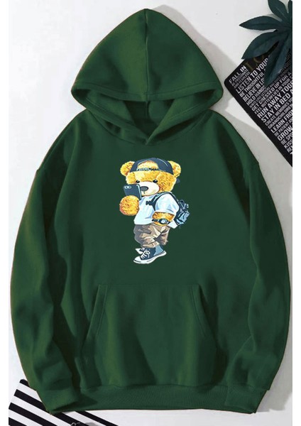 Peluş Ayı Baskılı Kapüşonlu Sweatshirt