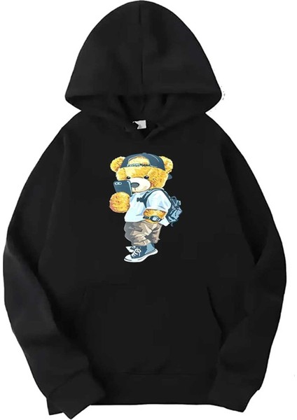 Siyah Peluş Ayı Baskılı Kapüşonlu Sweatshirt