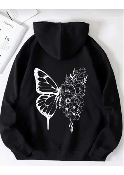 Unisex Siyah Kelebek Baskılı Kapüşonlu Sweatshirt fiyatları