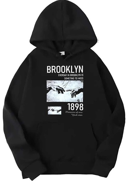 Siyah Broklyn Baskılı Kapüşonlu Sweatshirt