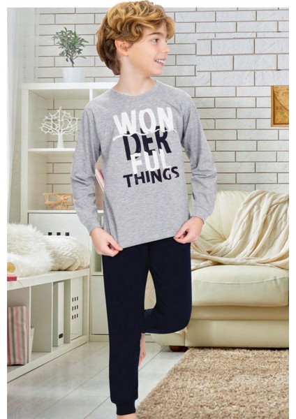 714 Erkek Çocuk Uzun Kollu Pijama Takımı-Gri