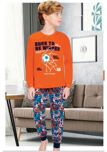 700G Erkek Çocuk Garson Boy Uzun Kollu Pijama Takımı-Turuncu
