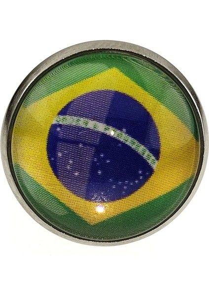 Brezilya Rozeti Brazil Ülke Bayrağı Yuvarlak Paslanmaz Çelik Camlı Rozet