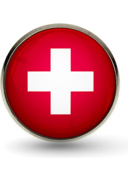 Isviçre Switzerland Bayrağı Çelik Yaka Rozeti 3D Camlı Artı Resimli Rozet