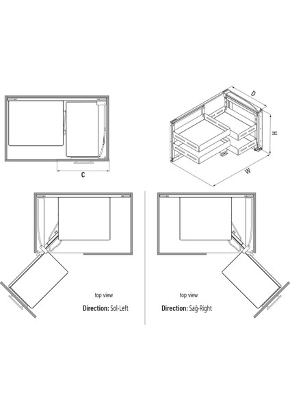 Unique Slim Kapağa Monte Körköşe Mekanizması Antrasit S3071US Kör Sağ 50 Cm.