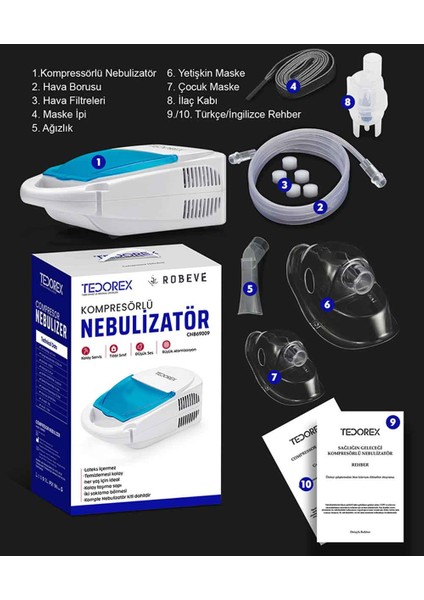 Tedorex Nebulizatör Hava Makinesi Buhar Makinesi Buhar Cihazı Nebülizatör Kompresörlü Nebulizatör