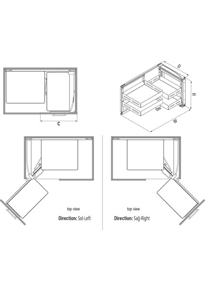 Unique Slim Kapağa Monte Körköşe Mekanizması Antrasit S3072US Kör Sol 50 Cm.