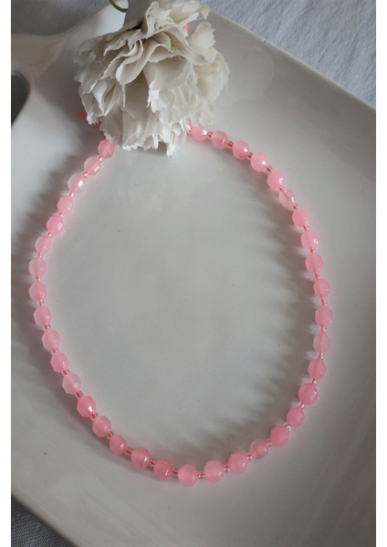 Çokgen Pembe Kuvars Doğaltaş Kolye
