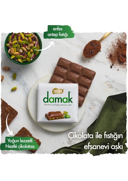 Damak Antep Fıstıklı Sütlü Kare Çikolata 60 gr x 12 Adet