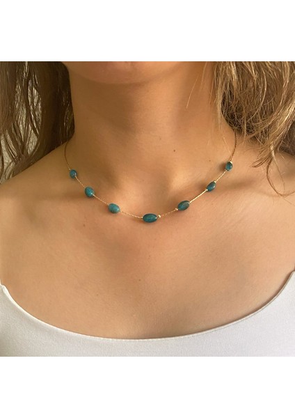 Tımbıl Hint Akik Doğal Taşlı Altın Zincirli El Yapımı Özel Tasarım Minimal Doğal Taş Kolye