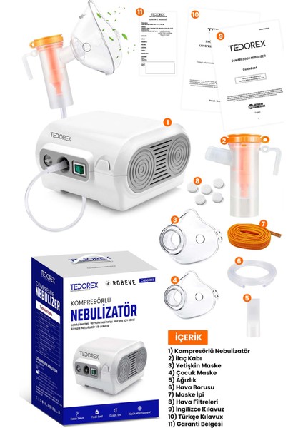 Tedorex Kompresörlü Nebulizatör Buhar Makinesi Hava Makinesi Buhar Cihazı Nebulizatör Hava Cihazı Nebülizatör Çocuk ve Yetişkin Kullanımına Uygun Nebulizatör