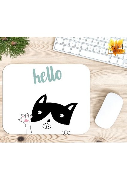 Hello Kedi Baskılı Özel Tasarım Dikdörtgen Kaydırmaz Mousepad