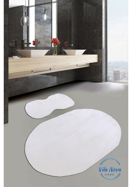 2'li Beyaz Oval Peluş Post Yumuşak Yıkanabilir Banyo Halısı Klozet TAKIMI(80X120-80X50)
