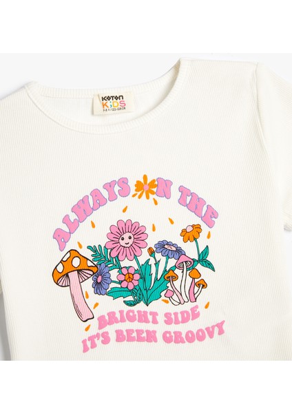 Crop Tişört Çiçek Baskılı Kısa Kollu Pamuklu