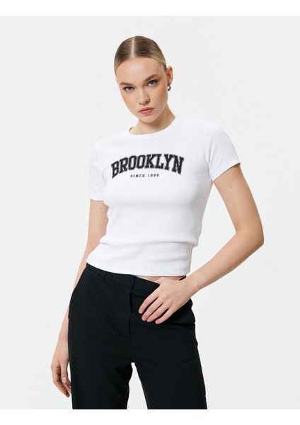 Brooklyn Baskılı Tişört Slim Fit Kısa Kollu Bisiklet Yaka Pamuklu
